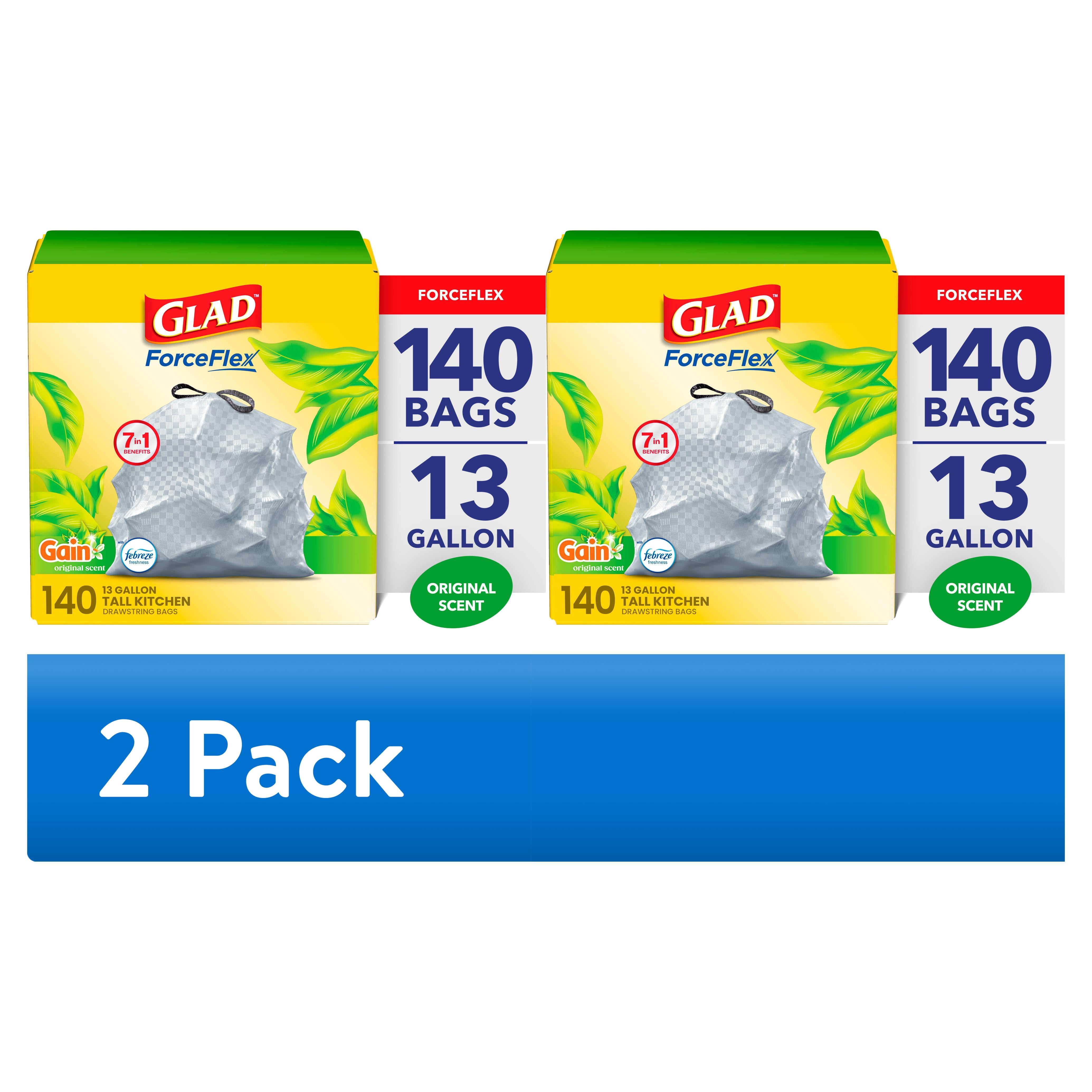 (2 pack) Glad ForceFlex 13-Gallon Drawstring Tall Kitchen Trash Bags, Gain Original Scent, 140 Bags