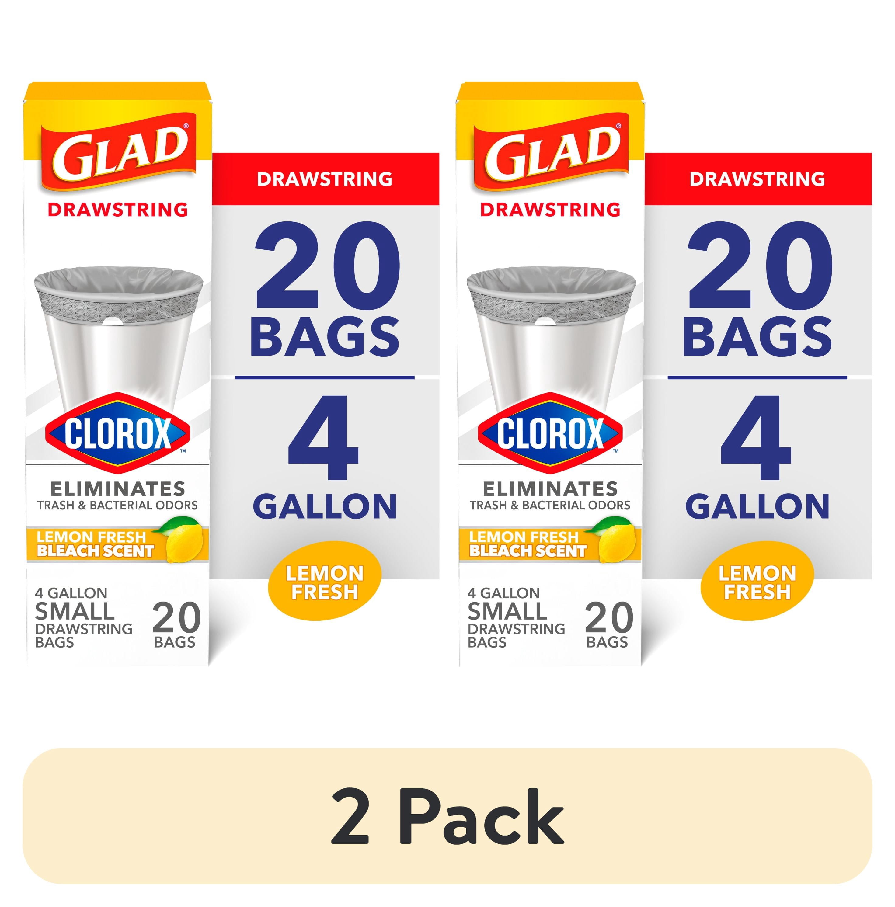 (2 pack) Glad with Clorox 4 Gallon Small Drawstring Trash Bags, Lemon Fresh Bleach Scent, 20 Bags