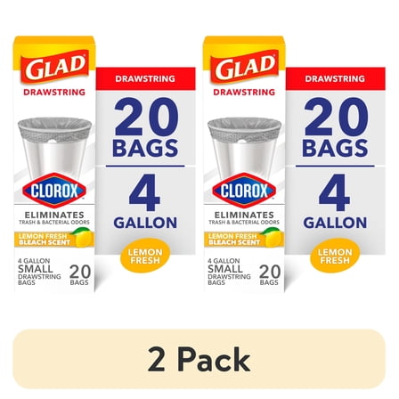 (2 pack) Glad with Clorox 4 Gallon Small Drawstring Trash Bags, Lemon Fresh Bleach Scent, 20 Bags