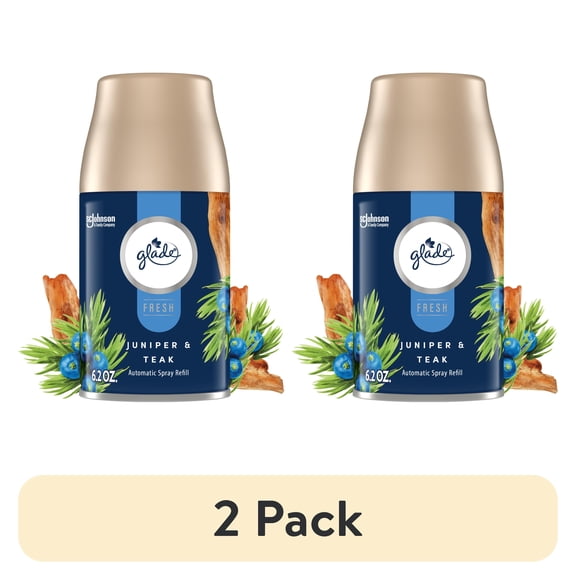 (2 pack) Glade Automatic Spray Refill, Air Freshener, Infused with Essential Oils, Juniper & Teak, 6.2 oz, 1 Count