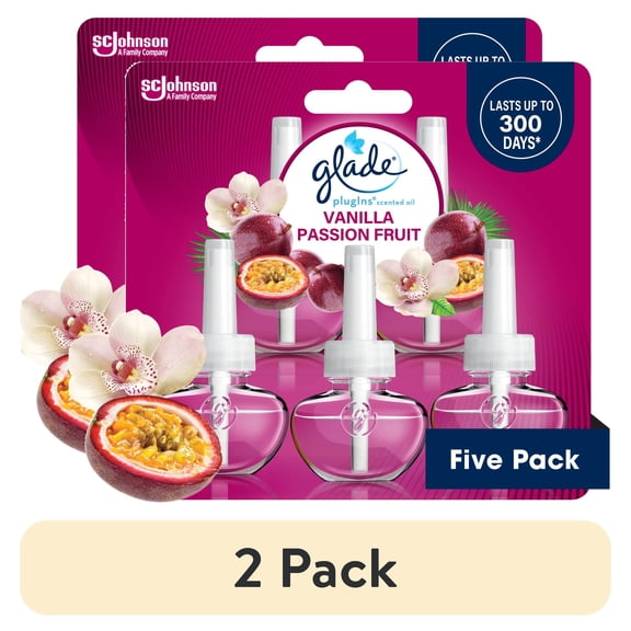 (2 pack) Glade PlugIns Scented Oil 5 Refills, Air Freshener, Vanilla Passion Fruit, Essential Oil Infused Wall Plug In, 3.35 FL oz, pack of 5