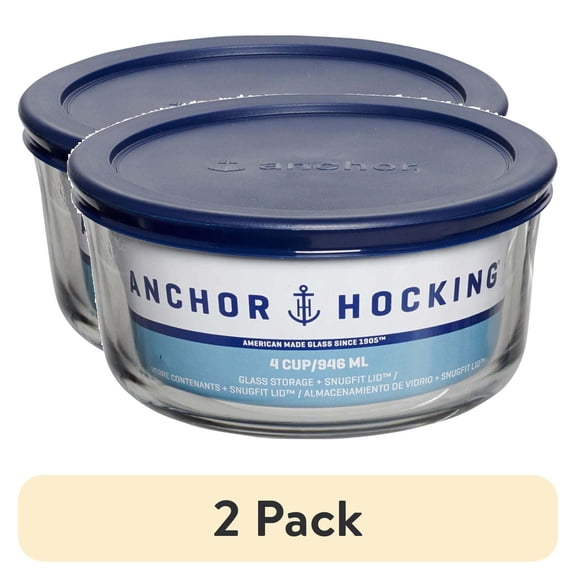 (2 pack)  Glass Food Storage Container with Lid, 4 Cup Round