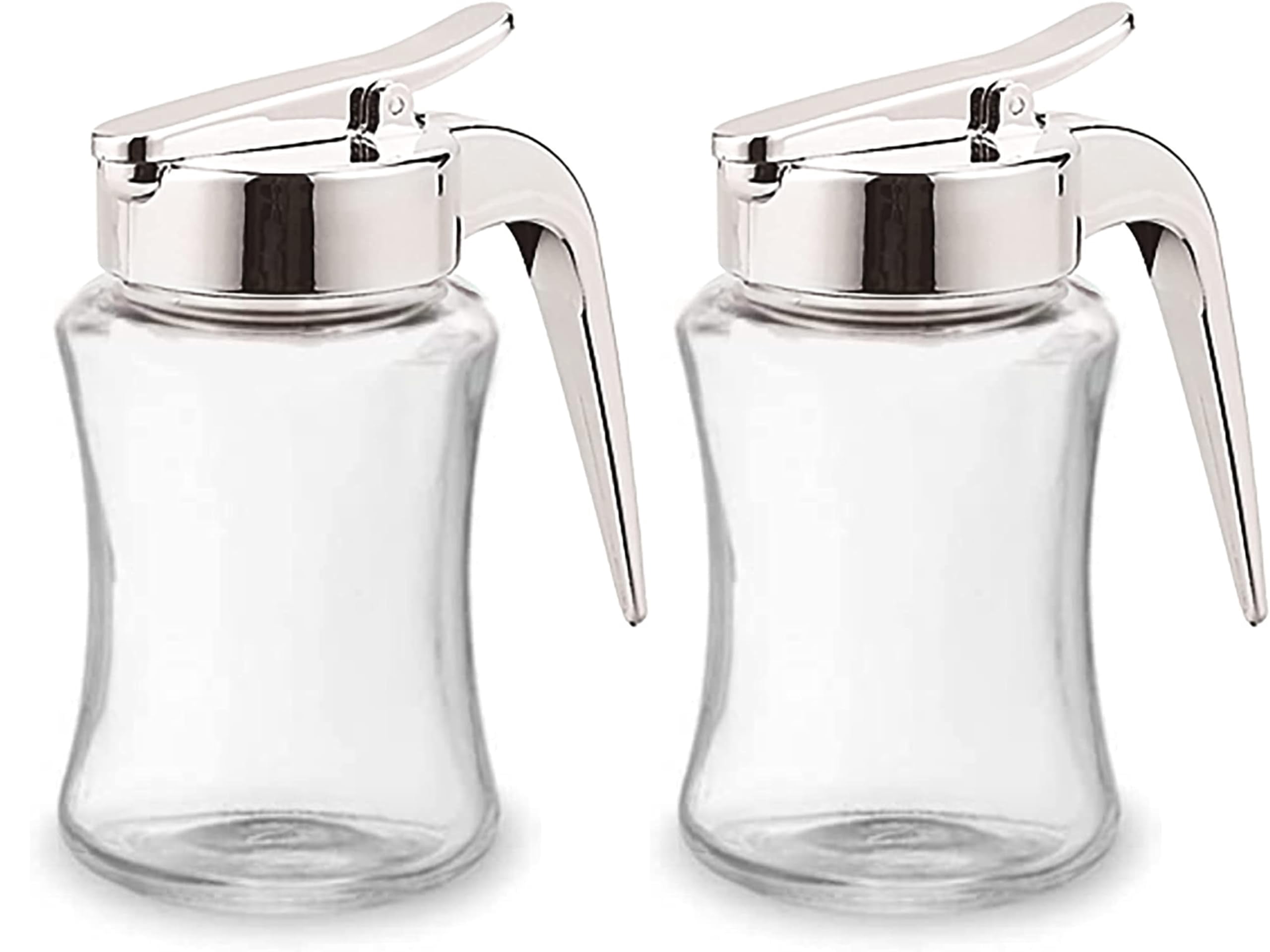 2-pack Glass Syrup Dispenser Bottle For Maple  Honey Pot Or Sugar Jar W/handle Shaker Pancakes Coffee Cereal Bowl Tea Pour Spout Lid Easy Spoon Measure 7.5oz Container Holder