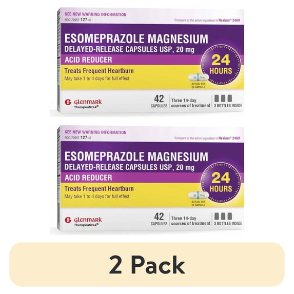 (2 pack) Glenmark Therapeutics Esomeprazole Magnesium USP 20mg, Delayed Release Capsules, Treats Frequent Heartburn, 42 Capsules