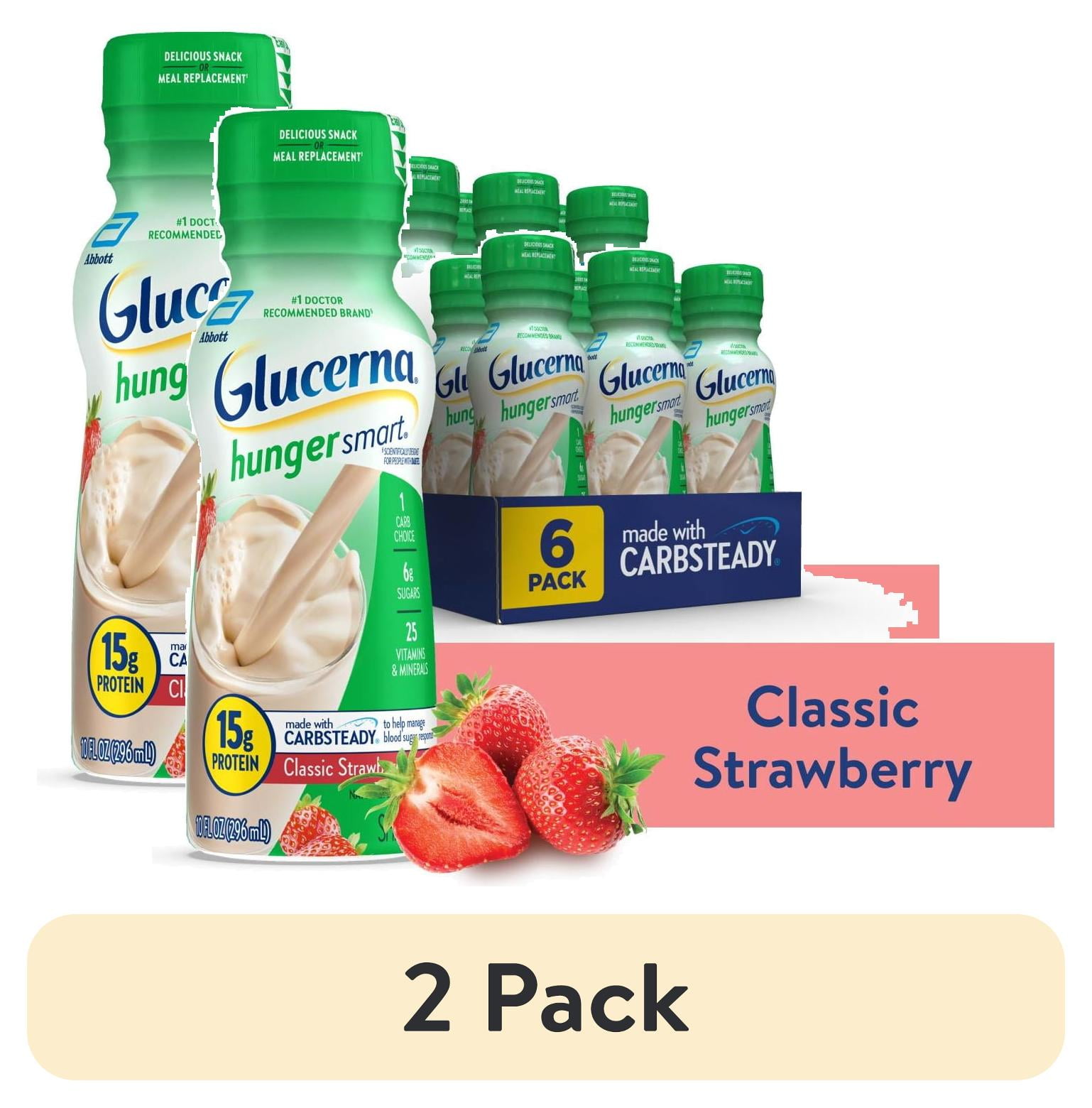 (2 pack) Glucerna Hunger Smart Diabetic Protein Shake, Classic Strawberry, 10-fl-oz Bottle, 6 Count