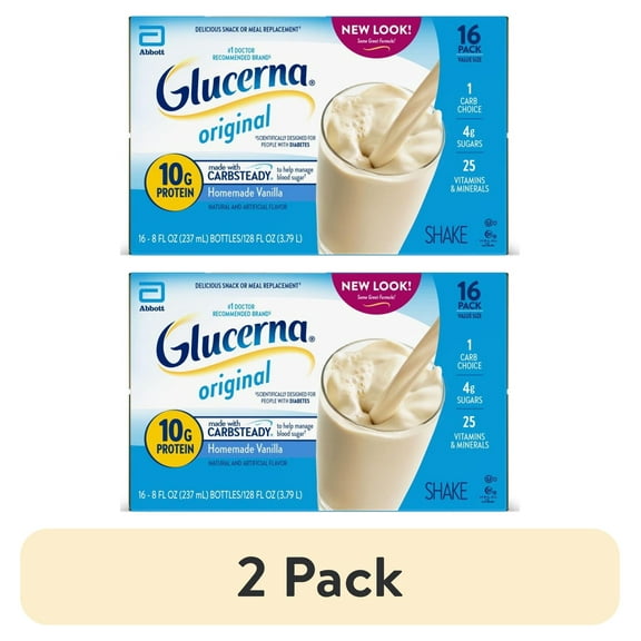 (2 pack) Glucerna Original Diabetic Protein Shake, Homemade Vanilla, 8 fl oz Bottle, 16 Count