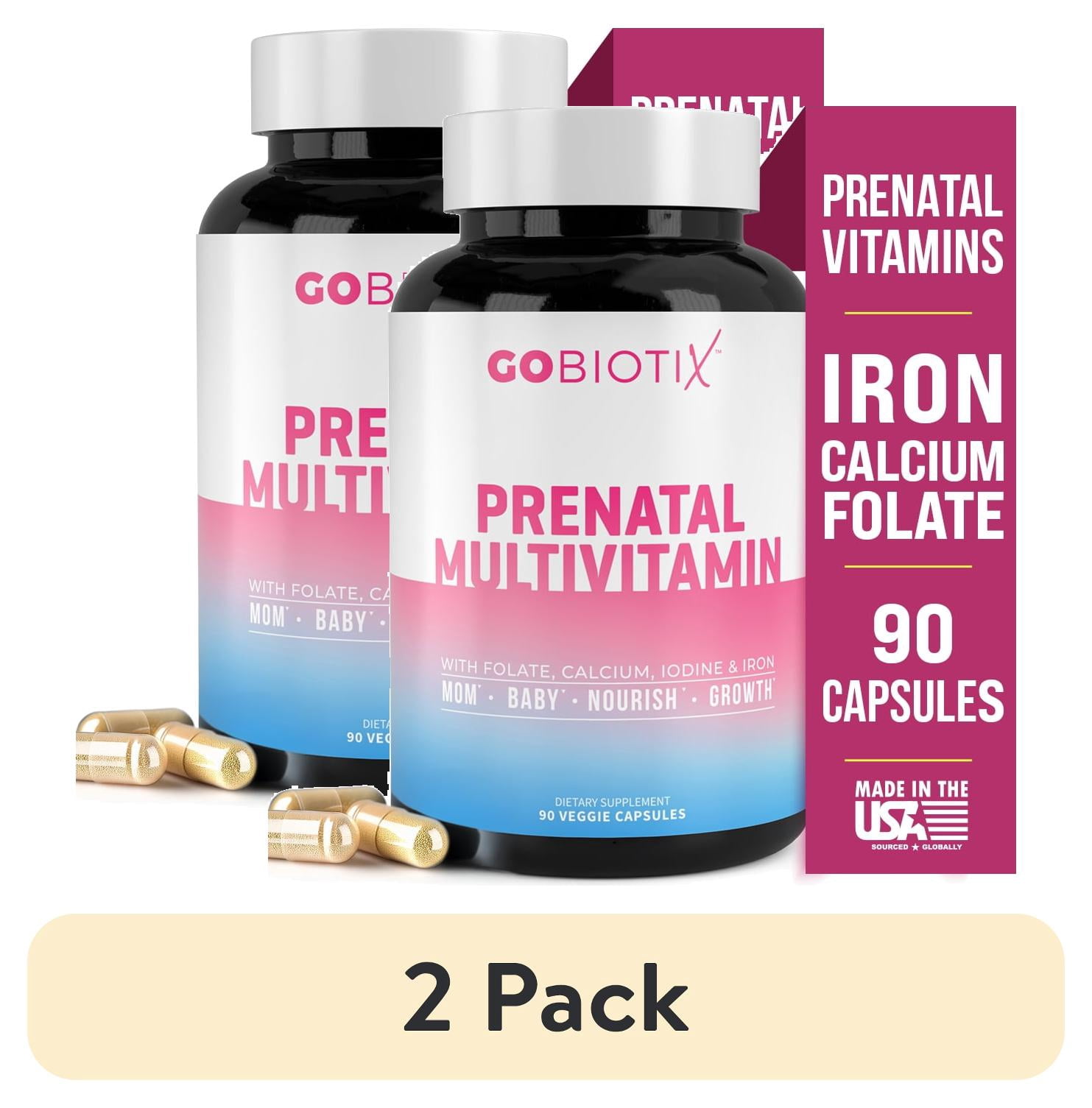 (2 pack) GoBiotix Prenatal Vitamins for Women with Iron, Calcium, Folate & Vitamin D2, 90 Capsules, Pregnancy Support