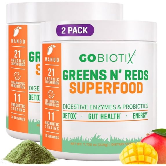 (2 pack) GoBiotix Super Greens & Reds Organic Super Greens Powder with Probiotics for Digestion, 30 Servings, Mango Flavor