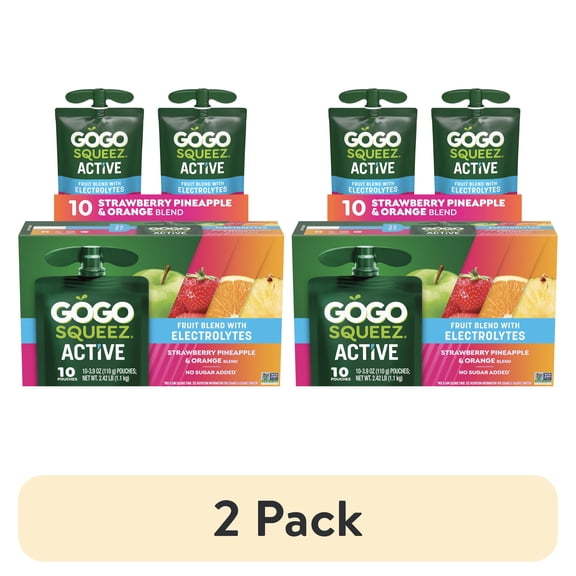 (2 pack) GoGo squeeZ Active Electrolyte No Sugar Added Strawberry Pineapple Orange Fruit Blend, 3.9 oz (10 Pack)