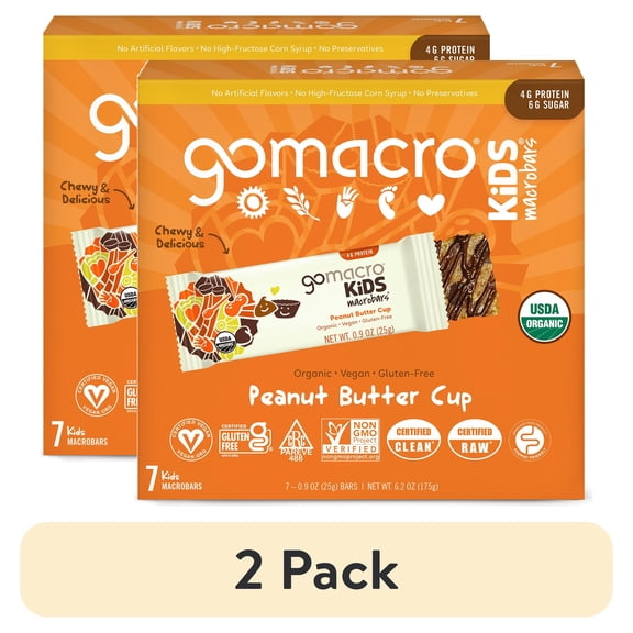(2 pack) GoMacro Kids MacroBar, Peanut Butter Cup, Organic Vegan Snack Bars, 7 ct