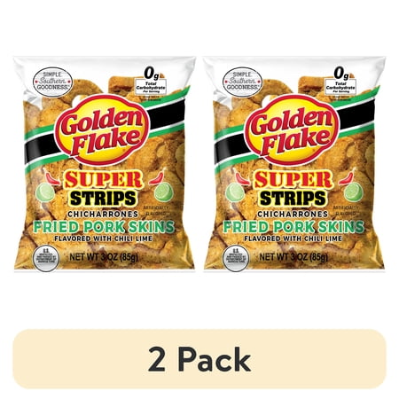 (2 pack) Golden Flake Chili Lime Pork Skins Super Strips, 3 oz Bag
