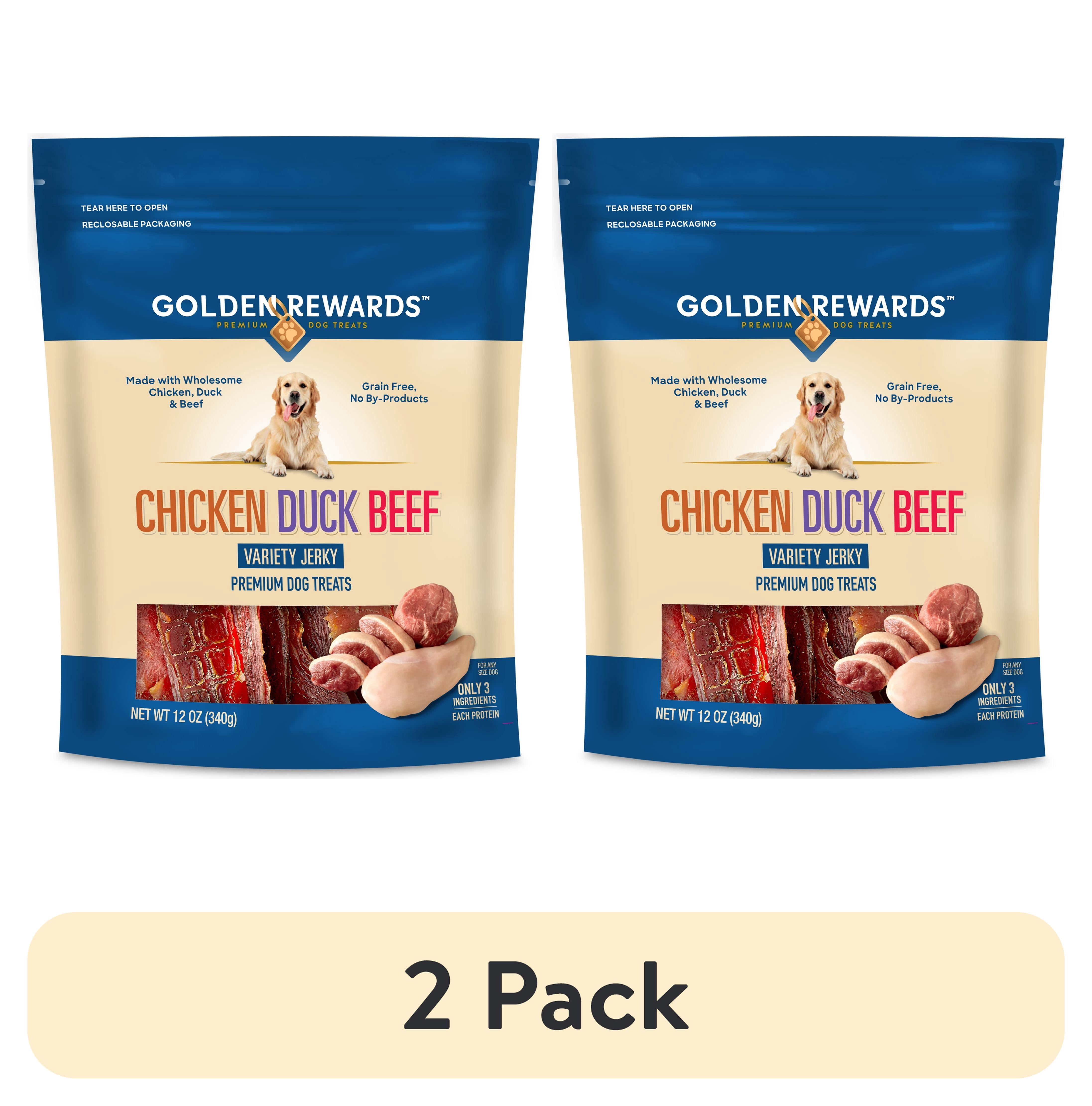 (2 pack) Golden Rewards Chicken, Duck and Beef Premium Variety Dry Jerky Treats for Dogs, 12 oz Bag