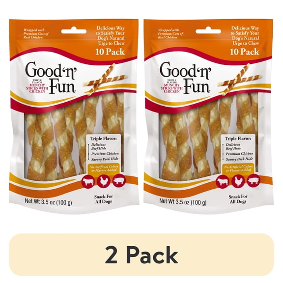 (2 pack) Good ‘n’ Fun Triple Flavor Munchy Sticks Chews for Dogs, Snack for All Dogs Made with Beef Hide, Chicken and Pork Hide, 10 Count