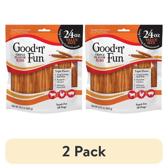 (2 pack) Good 'n' Fun Triple Flavor Ribs, Rawhide Chews for All Dogs, 24 oz.