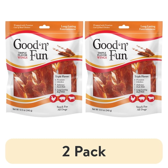 (2 pack) Good 'n' Fun Triple Flavor Wings, Rawhide Chew for All Dogs, 12 oz