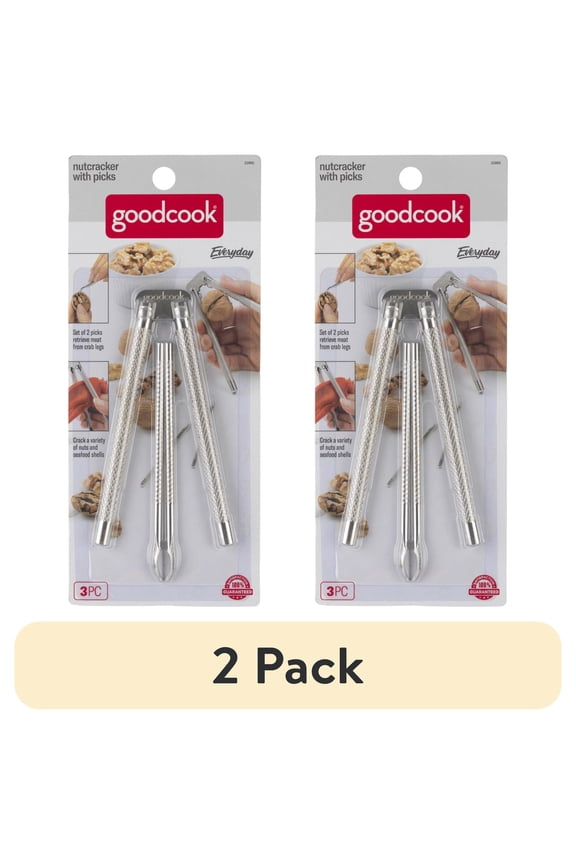 (2 pack) GoodCook Textured Metal Nutcracker with Hinged Handles and 2 Picks, Silver