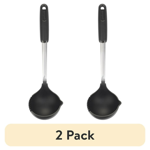 (2 pack) GoodCook 13" Hi-Temp Nylon Kitchen Ladle with Sprout and Strainer, Black/Silver