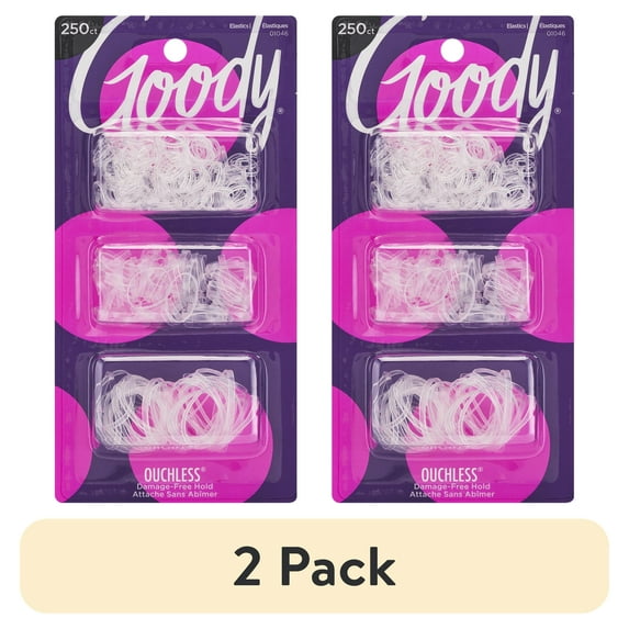 (2 pack) Goody Ouchless Mini Poly Band Hair Ties, No Metal Gentle Hair Elastics, Clear, 250 Ct
