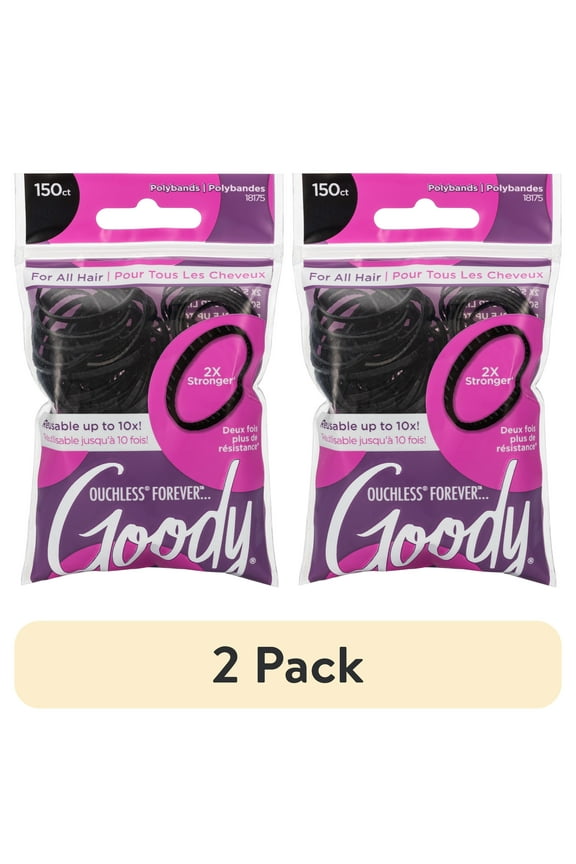 (2 pack) Goody Ouchless Poly Band Elastic Hair Tie for Fine Hair, Ponytail Holder, Black, 150 Ct