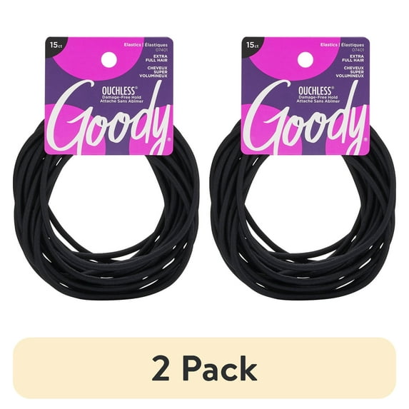 (2 pack) Goody XL Elastics for Extra Thick Hair, Hair Tie Accessories, Black, 15 Ct