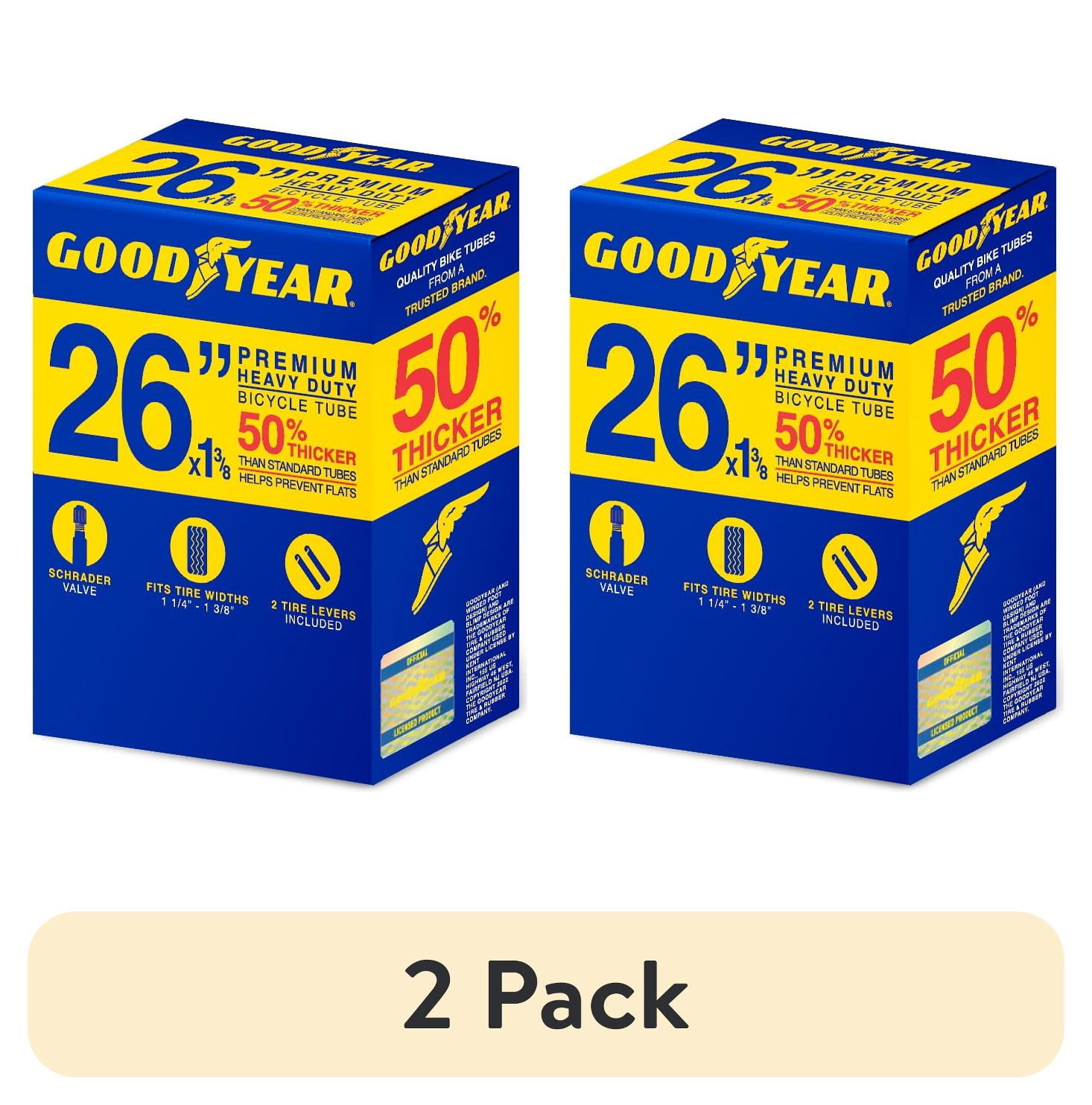 (2 pack) Goodyear Tire 26 in. x 1 3/8 Heavy Duty Bike Tube, Black, Standard Schrader Valve