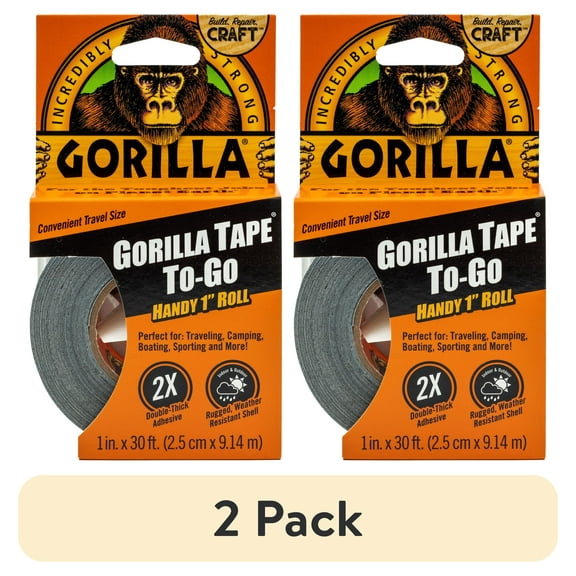 (2 pack) Gorilla Black Duct Tape to-Go, 1 in x 30 ft Single Roll