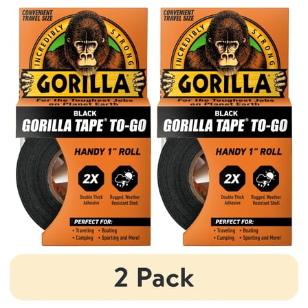 (2 pack) Gorilla Black Tape to-Go Handy Roll, 1 in x 10 Yard Roll