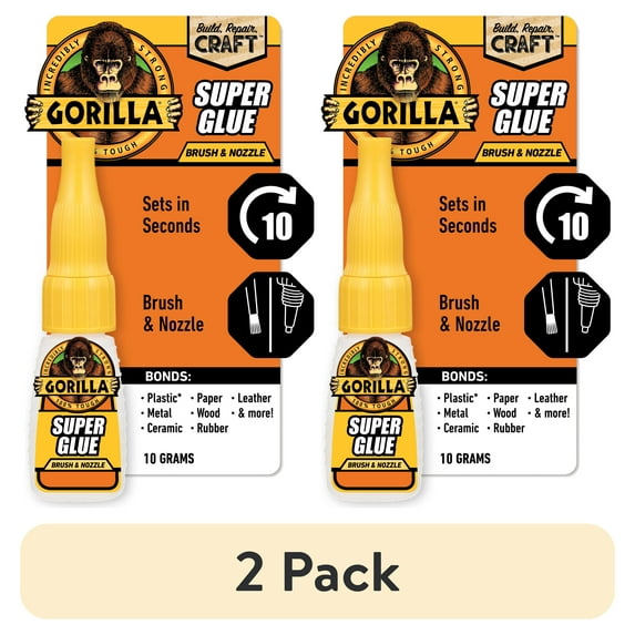 (2 pack) Gorilla Clear Super Glue Brush & Nozzle, 10 Gram Bottle (.35 ounces)