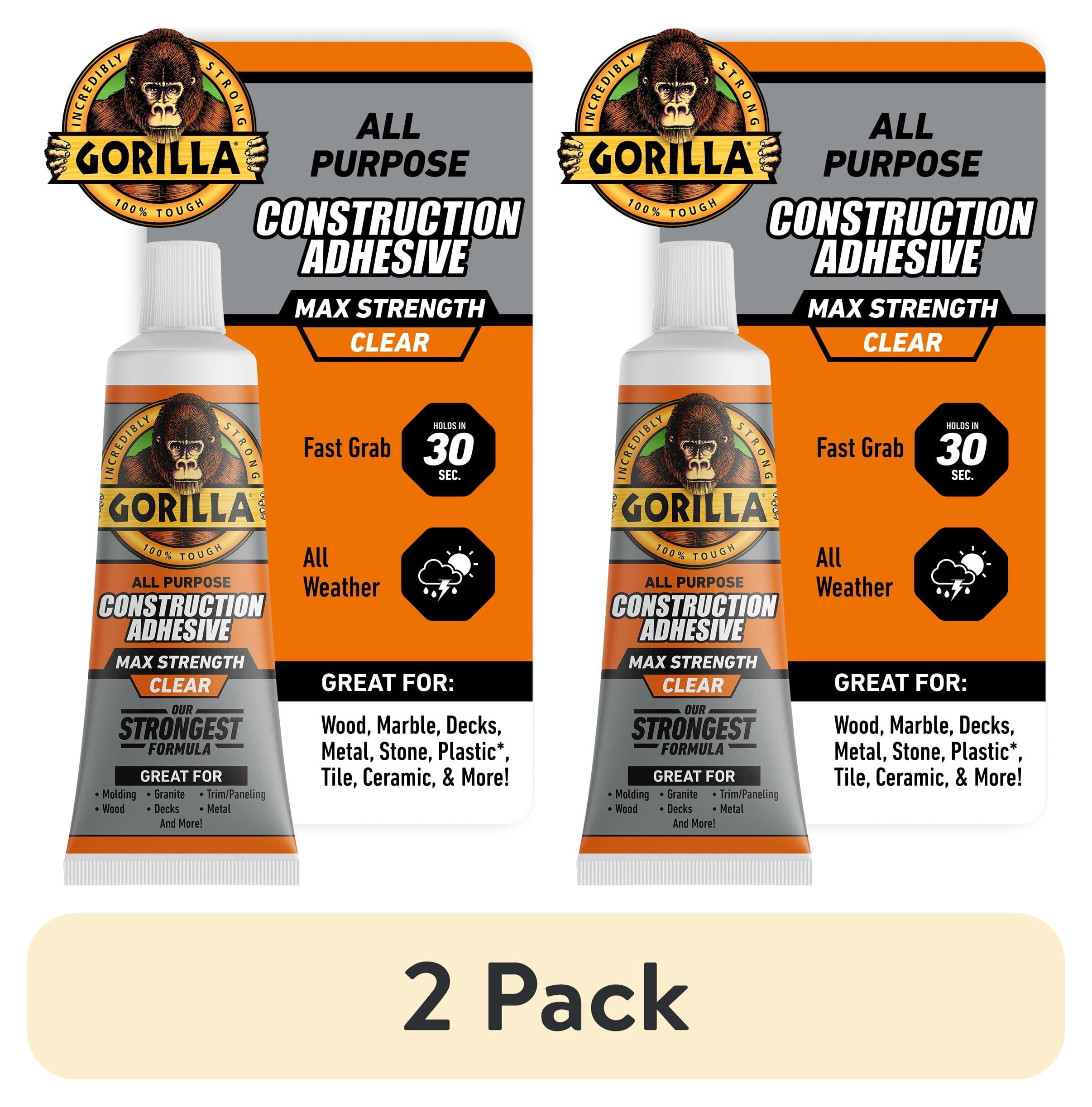 (2 pack) Gorilla Max Strength Construction Adhesive, Clear Glue, 2.5 Ounce Squeeze Tube - Gap Filling and Waterproof