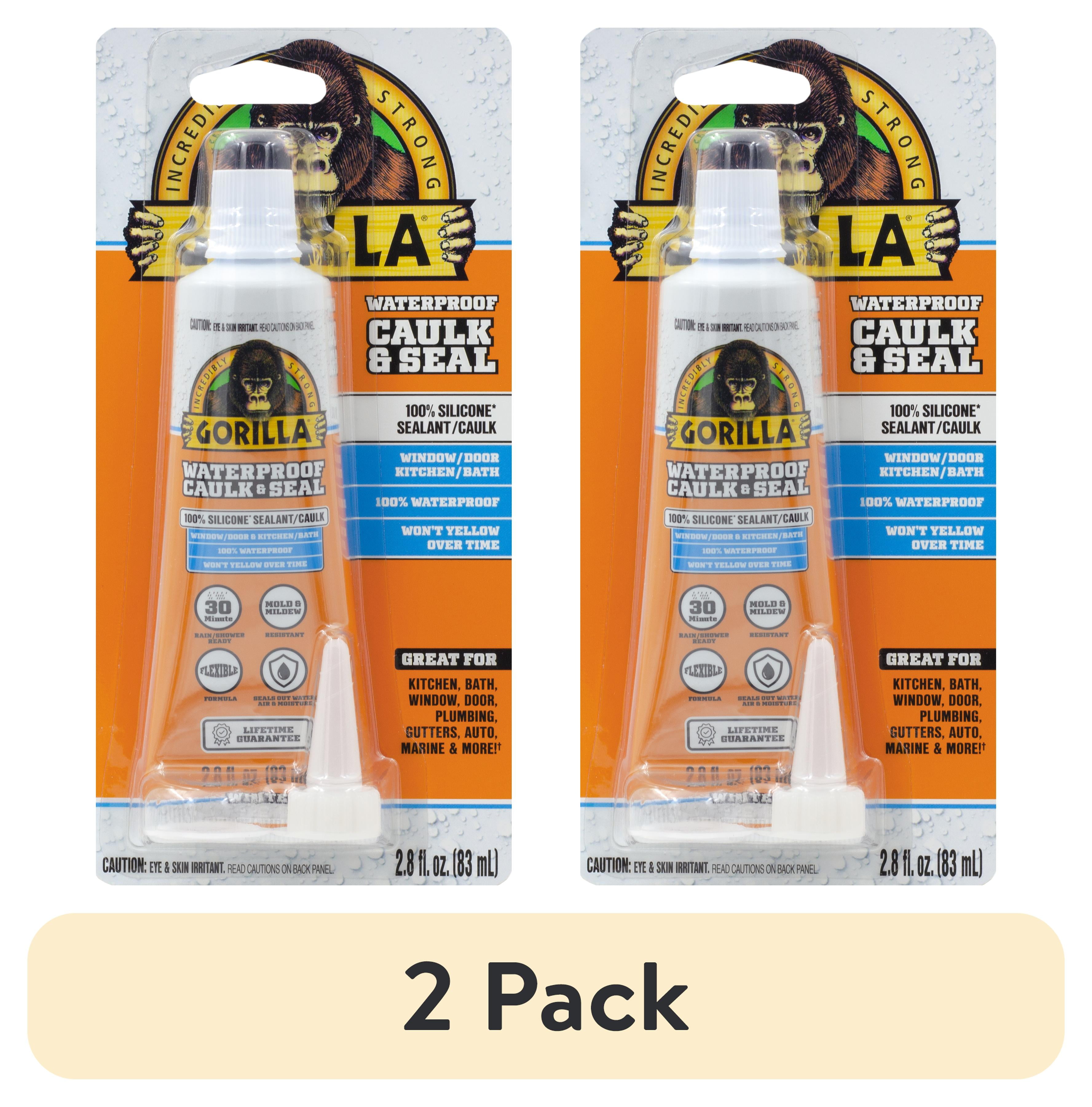 (2 pack) Gorilla Waterproof Caulk & Seal Silicone Sealant, 2.8oz Squeeze Tube - White Caulking Sealant for Kitchen, Window, Bath, Marine, Door and More