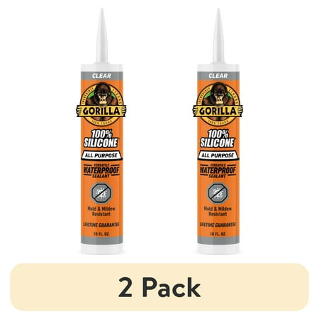 (2 pack) Gorilla Waterproof Caulk & Seal Silicone Sealant, 10oz Cartridge - Clear Caulking Sealant for Kitchen, Window, Bath, Marine, Door and More