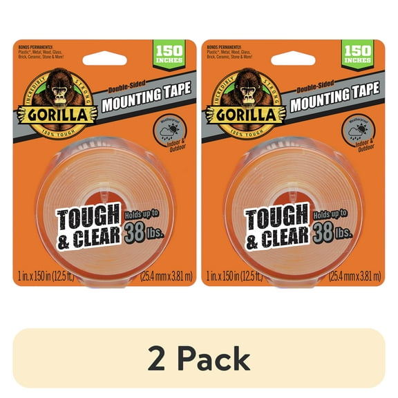 (2 pack) Gorilla Tough & Clear Double Sided Mounting Tape, Clear Tape, 1" x 150"