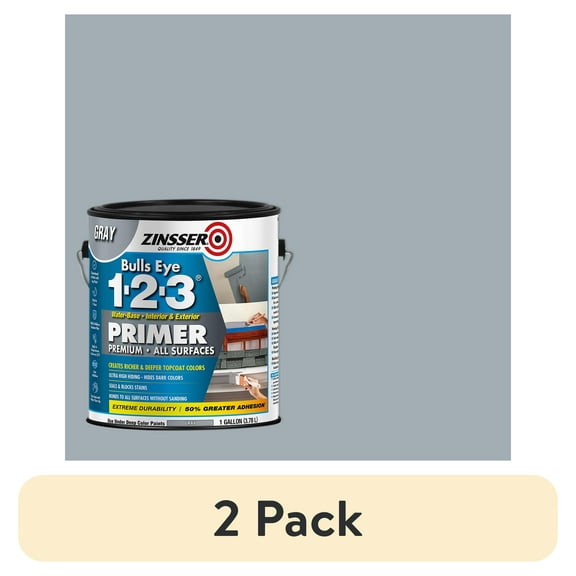 (2 pack) Gray, Zinsser Bulls Eye 1-2-3 Water-Based Primer-285085, 1 gal