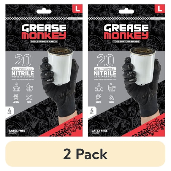 (2 pack) Grease Monkey Disposable Nitrile Gloves, Black, Latex Free, Large, 20 Count
