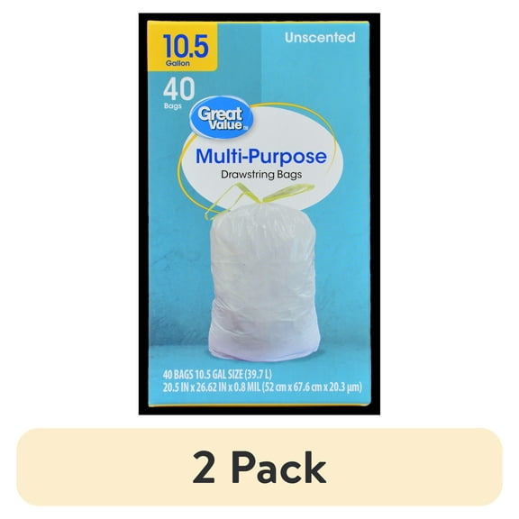 (2 pack) Great Value 10.5-Gallon Multipurpose Drawstring Trash Bag, Unscented, 40 Bags