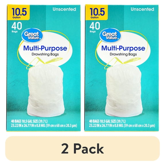 (2 pack) Great Value 10.5 Gallon Drawstring Trash Bag, Unscented, 40 Bags