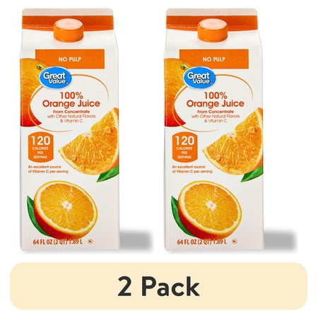 (2 pack) Great Value 100% Orange Juice from Concentrate, No Pulp, 64 fl oz