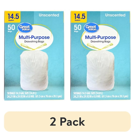 (2 pack) Great Value 14.5 Gallon Drawstring Trash Bag, Unscented, 50 Bags