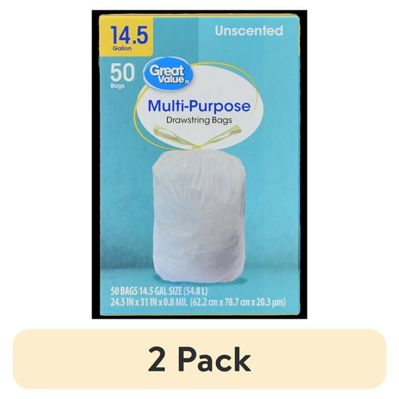 (2 pack) Great Value 14.5-Gallon Multipurpose Drawstring Trash Bag, Unscented, 50 Bags