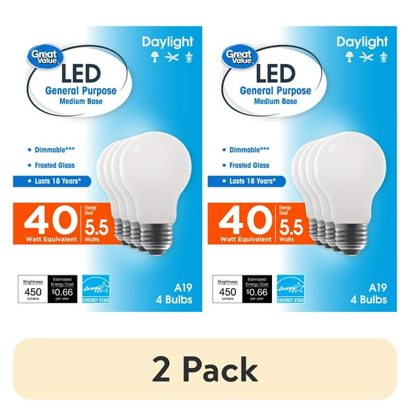(2 pack) Great Value 18 Year LED Light Bulbs, A19 40 Watts Eqv, E26, Dim, Daylight, Frosted Glass, 4 Pack