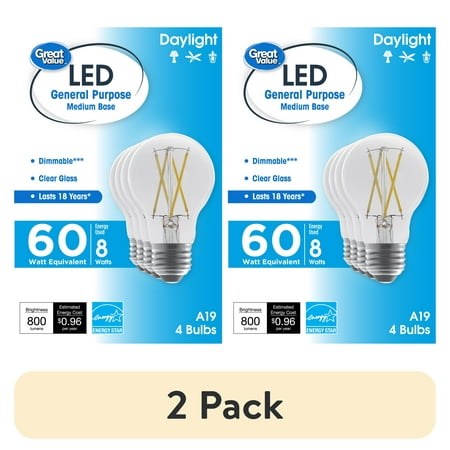 (2 pack) Great Value 18 Year LED Light Bulbs, A19 60 Watts Eqv, E26, Dim, Daylight Clear Glass, 4 Pack