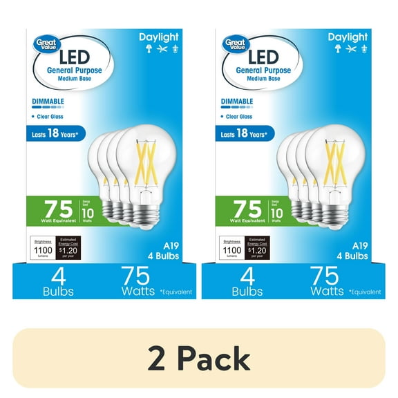 (2 pack) Great Value 18YR A19 LED Light Bulb, 10W (75W Equivalent) Dimmable Daylight E26 Medium Base (4 Pack)