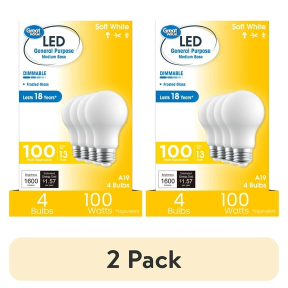 (2 pack) Great Value 18YR A19 LED Light Bulb, 13W (100W Equivalent) Dimmable Soft White E26 Medium Base, 4 Pack