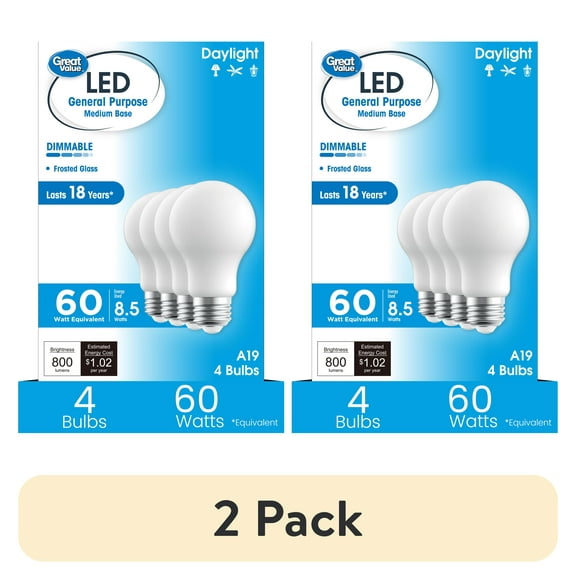 (2 pack) Great Value 18YR A19 LED Light Bulb, 8.5W(60W Equivalent) Dimmable Daylight E26 Medium Base, 4 Pack