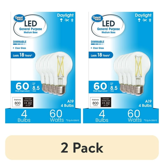 (2 pack) Great Value 18YR A19 LED Light Bulb, 8.5W(60W Equivalent) Dimmable Daylight E26 Medium Base, 4 Pack