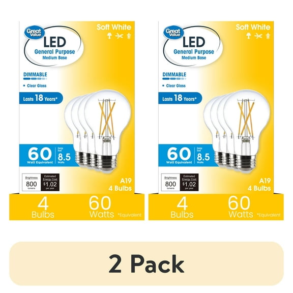 (2 pack) Great Value 18YR A19 LED Light Bulb, 8.5W(60W Equivalent) Dimmable Soft White E26 Medium Base, 4 Pack