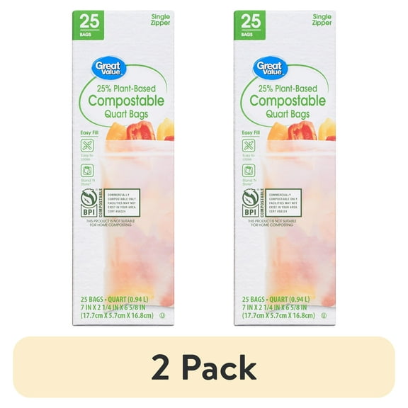 (2 pack) Great Value 25% Plant-Based Compostable Quart Bags, 25 Count