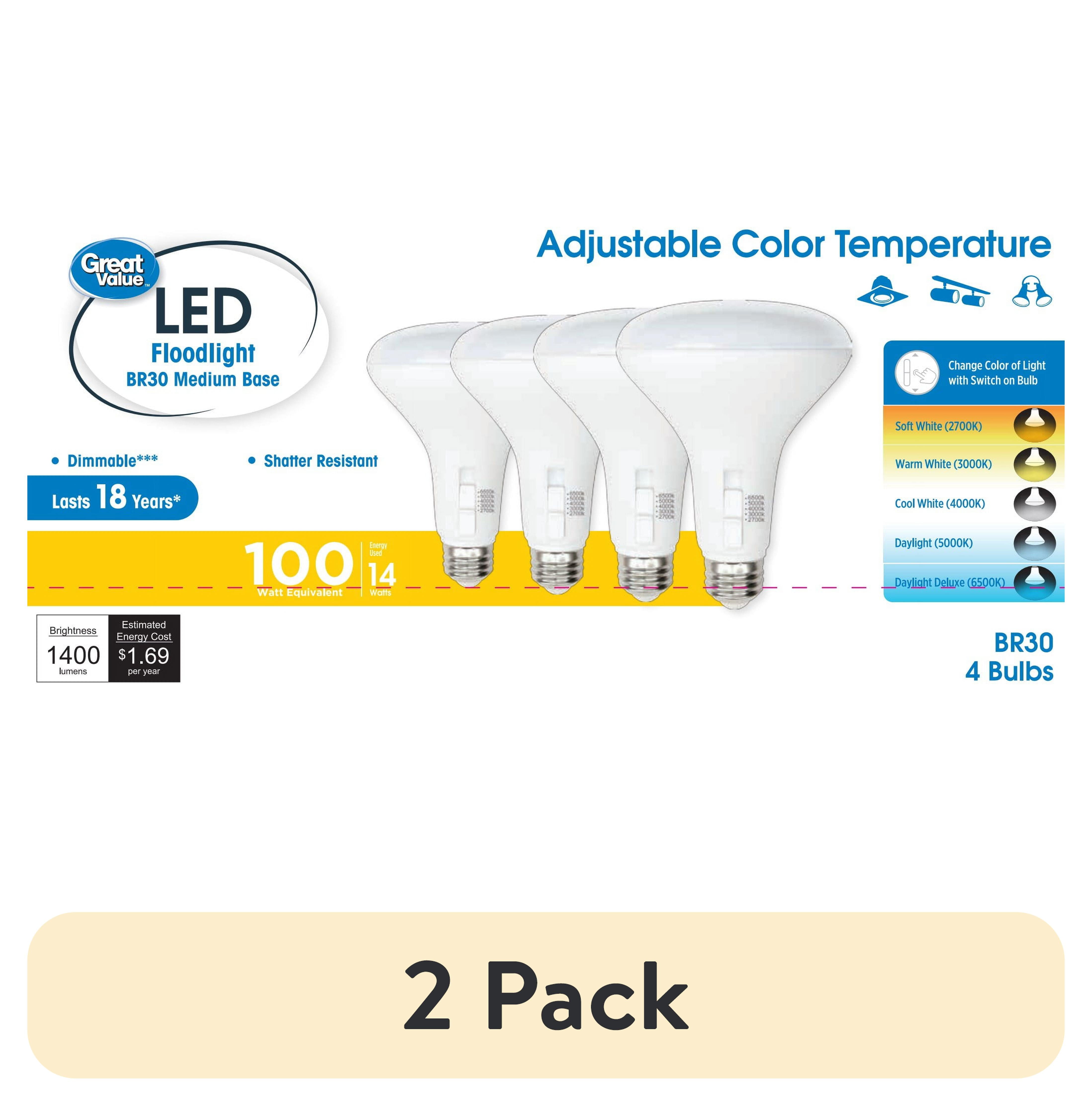 (2 pack) Great Value 5CCT LED BR30 Floodlight Bulb, 14W(100W Equivalent), E26 Medium Base Dimmable, 4 pack