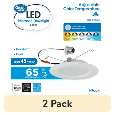 (2 pack) Great Value 6" 5CCT LED Recessed Retrofit Downlight Dimmable