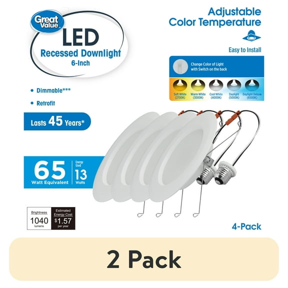 (2 pack) Great Value 6" LED Retrofit Downlight, 13-Watt(65W Replacement) ACT Color Selectable E26 Base, 4 Pack